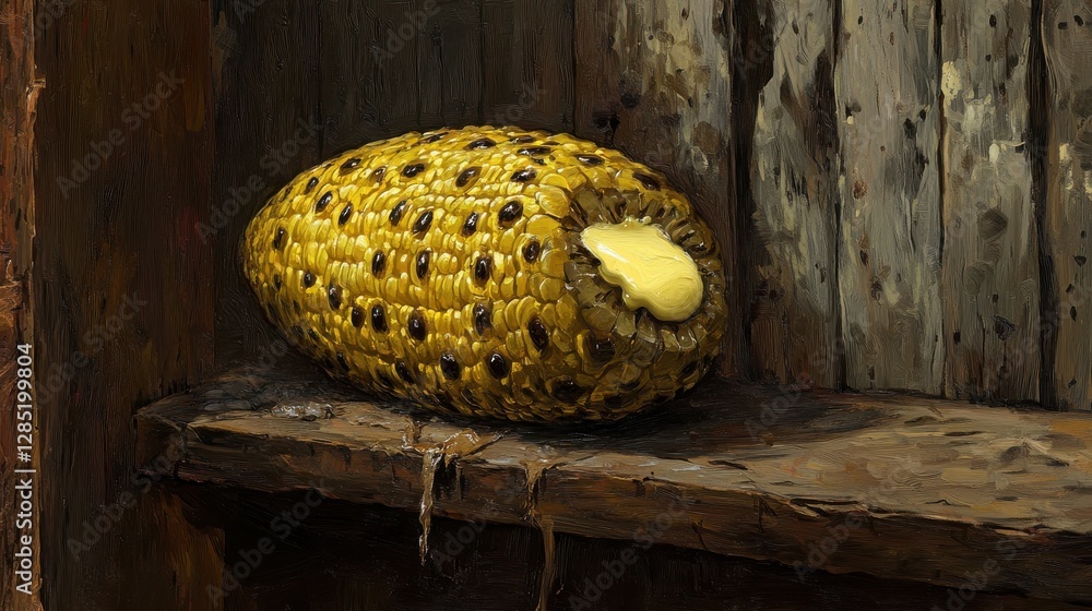 Aufkleber artistic representation of yellow corn cob with butter on rustic wooden shelf background