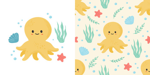 Funny octopus and seaweeds seamless pattern