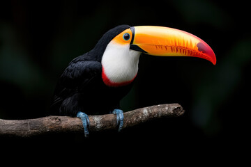 A black and yellow bird with a red beak is perched on a branch