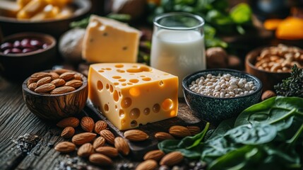 Naklejka premium Variety of healthy dairy and plant-based foods on rustic wooden surface