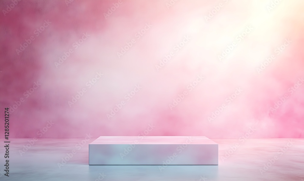 Poster minimalist platform with soft pink and white fog background, ideal for product displays or photograp