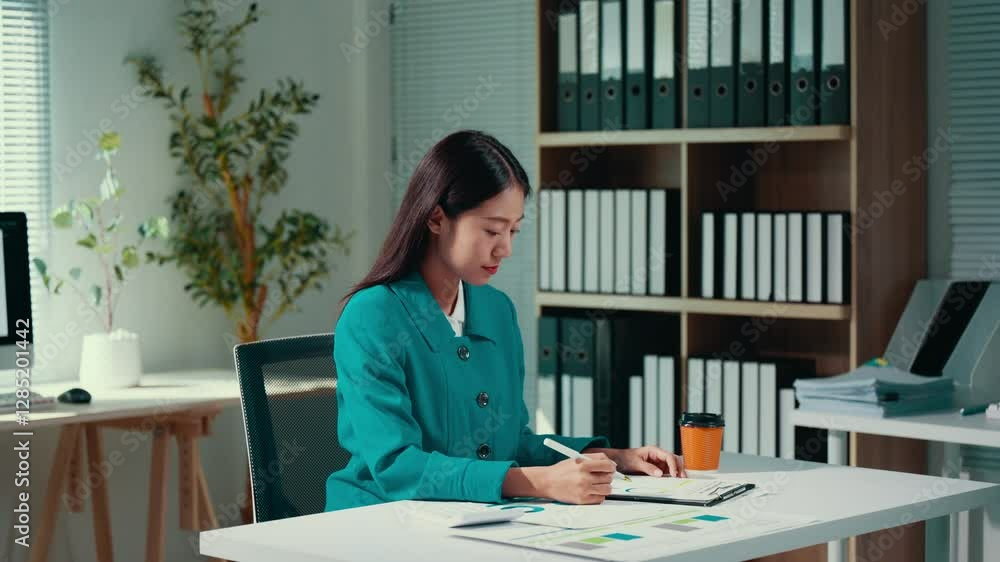 Poster corporate professional reviewing financial reports, examining graphs with precision while strategizi