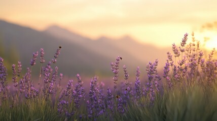 Serene Sunset over Lavender Field and Mountains