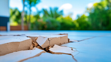 Fractured foundation close up reveals cracks in surface, showcasing damage and neglect in sunny outdoor setting