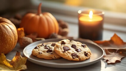 Autumnal Delight: Warm Chocolate Chip Cookies and Pumpkins