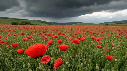 Vibrant Red Poppies Field Under a Dramatic Stormy Sky