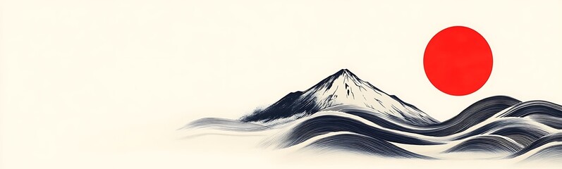 Traditional landscape featuring stylized mountains under a large red sun.