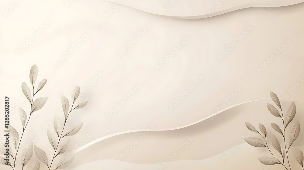 Poster Soft beige background with delicate leaf patterns and flowing lines, creating a serene and elegant atmosphere.