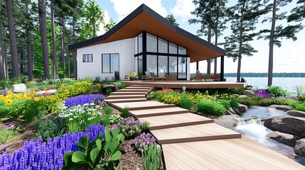 Naklejka premium Modern Lakeside Cabin with Stunning Floral Landscaping and Wooden Steps