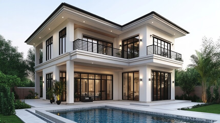 Fototapeta premium A 3D rendering of a modern two-story house with a large swimming pool, showcasing a minimalist exterior design, blending luxury, sophistication, and contemporary living in an elegant environment