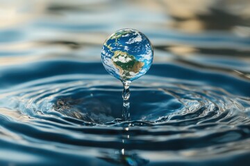 Earth globe suspended in water drop nature scene captivating macro photography vibrant reflection close-up viewpoint conceptual representation of earth and water harmony