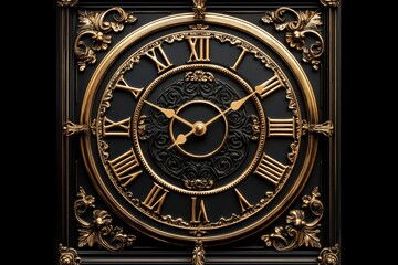 Obraz premium golden clock face on a black background, with Roman numerals and intricate details, Generative AI