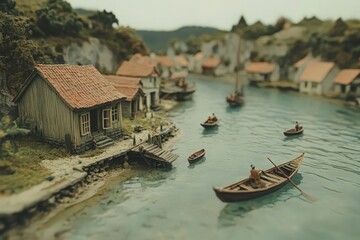 Obraz premium Detailed Miniature Model of a Medieval Village Beside a Calm River