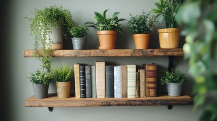Cozy Interior Shelf with Green Plants and Vintage Books in Stylish Home Decor Setting