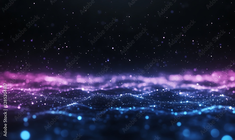 Poster abstract colorful waves with sparkling particles on a dark background.