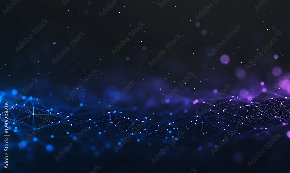 Poster abstract digital landscape with glowing particles and vibrant colors in a dark background.