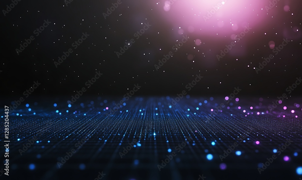 Fototapete Abstract digital background featuring glowing particles and a grid pattern with a vibrant purple light.