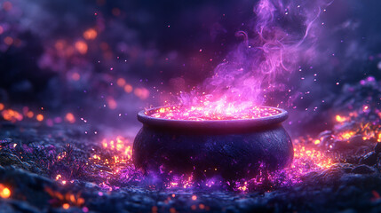 cauldron filled with purple flames, representing transformation, mysticism, and power, evokes a sense of mystery and magic in a modern context