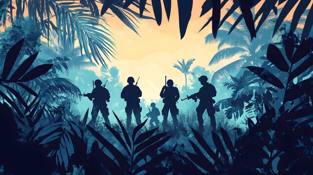 Explorers in lush jungle, silhouettes against vibrant backdrop, adventure theme highlighting teamwork and discovery, space for text.