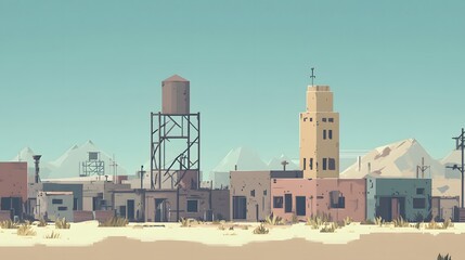 Colorful skyline with unique towers, artistic cityscape featuring diverse architectural styles, vibrant background, inviting atmosphere.