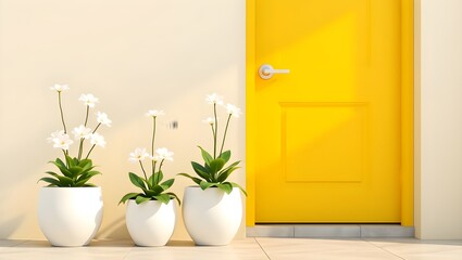 Minimalist potted white flowers sitting near a contemporary yellow door with clean lines and a modern look