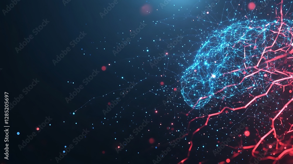 Leinwandbilder digital representation of a brain with glowing connections and particles on a dark background.