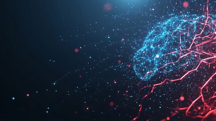 Digital representation of a brain with glowing connections and particles on a dark background.