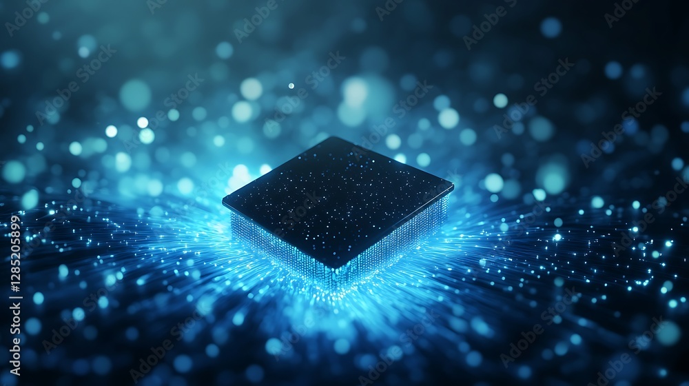 Poster Futuristic microchip surrounded by glowing particles in a digital landscape.