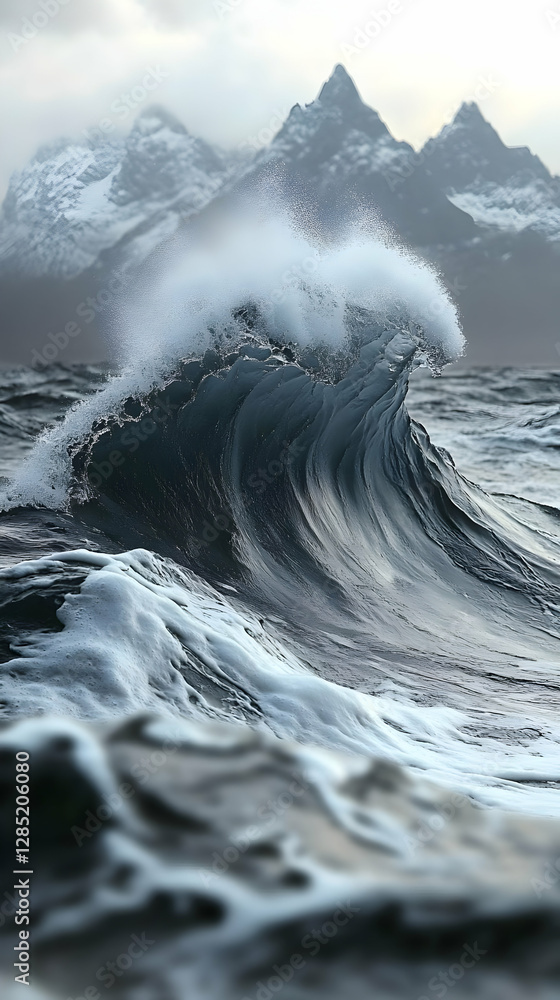Poster turbulent ocean wave crashing with snowy mountains in background powerful scene with dark waters and