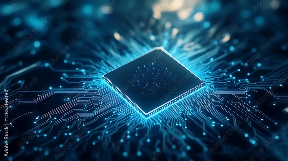 Leinwandbilder futuristic microchip surrounded by glowing circuits and digital patterns.