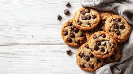 Delicious homemade chocolate chip cookies arrangement on white wooden surface