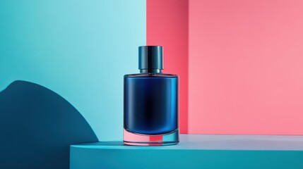 Elegant Blue Perfume Bottle on Vibrant Pink and Blue Background