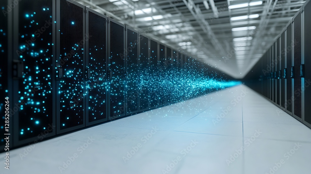 Aufkleber Futuristic data center with glowing particles illustrating technology and connectivity.