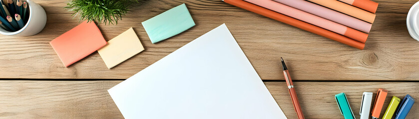 Blank paper, colored pencils, and sticky notes on a wooden desk.