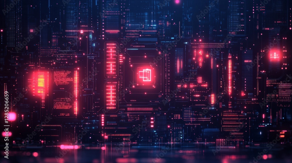 Poster futuristic digital technology background with neon lights and patterns