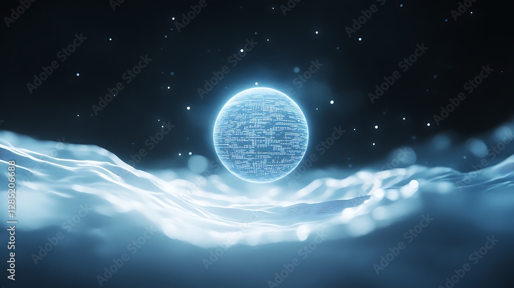Aufkleber a glowing digital sphere surrounded by waves of light in a dark space environment.