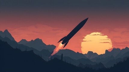 Rocket launching at sunset, sleek rocket ascending against colorful sky, symbolizes innovation and exploration, dramatic backdrop.