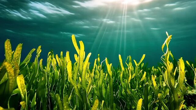 Sunlight filtering through vibrant underwater seagrass