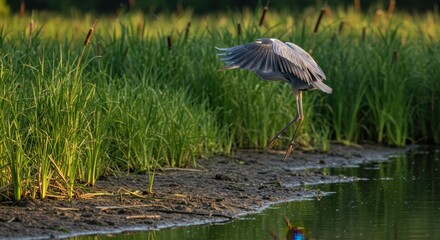 Great Blue Heron poised for flight near lush wetland vegetation on lake