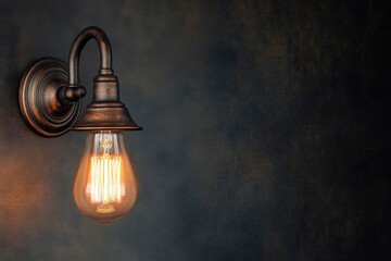 Rustic wall sconce with Edison bulb illuminates dark textured background ideal for vintage interior...