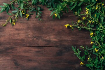 Obraz premium Rustic wooden background with delicate yellow wildflowers and lush green leaves creates a natural frame.