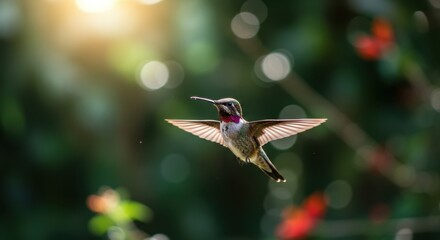 Fototapeta premium Ruby-Throated Hummingbird in Flight: A Moment of Nature's Beauty