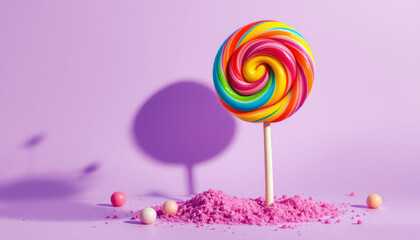 Colorful spiral lollipop stands in pink sugar and balls
