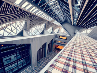 Fototapeta premium Modern architectural design showcases unique lines and angles inside a contemporary building in a bustling urban area