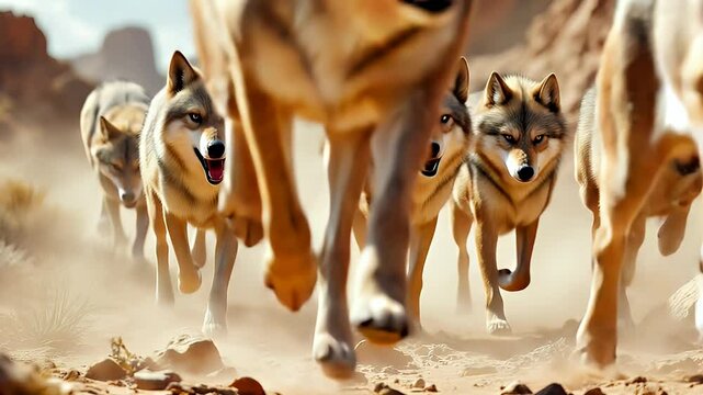 Majestic Wolf Pack Running Through Desert Canyon