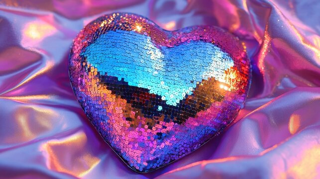 Sparkling sequin heart on shimmering silk, A Valentine's Day delight