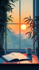 Cozy sunset view from a window with a book.