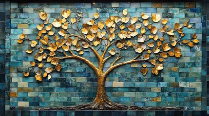 A beautiful gold tree mosaic art piece adorns a turquoise tile wall.