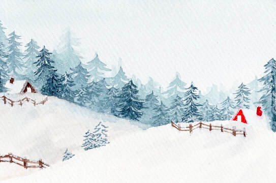Winter Landscape Watercolor Illustration