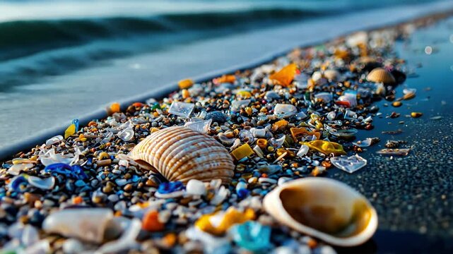 Shoreline littered with colorful shells and plastic debris
